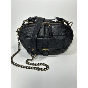 Deena & Ozzy Black Faux Leather Cross Body Bag Brass Hardware Chain Strap Nice